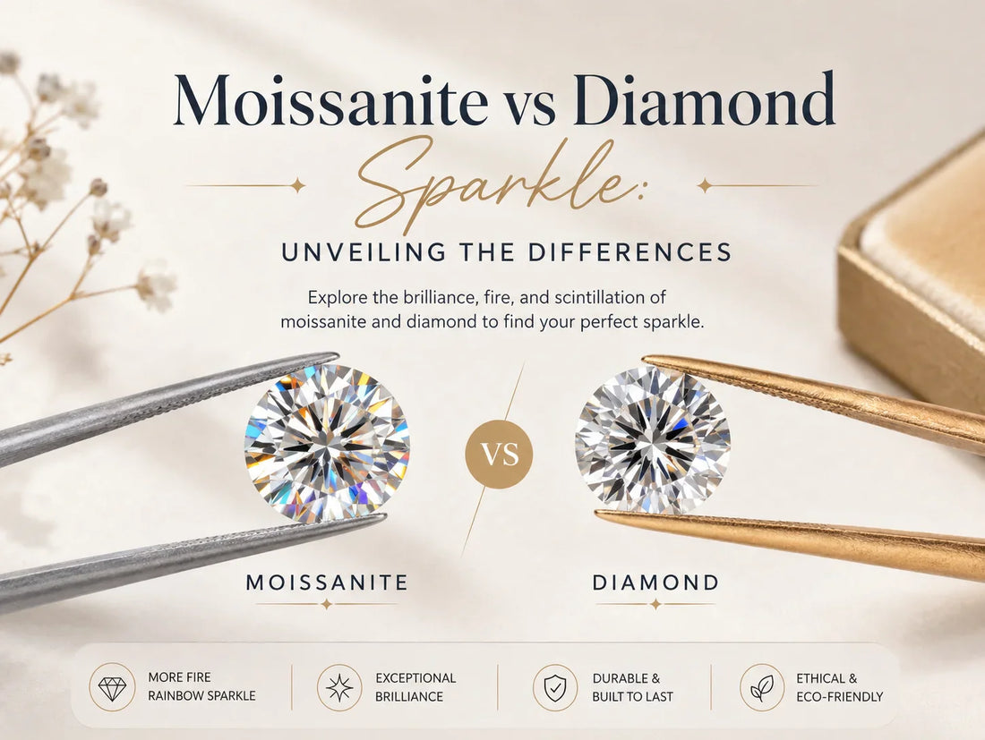 Close-up comparison of moissanite vs diamond sparkle under bright light By Briza Jewel