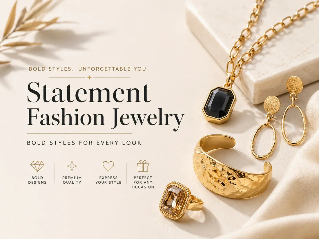 A collection of bold and beautiful statement fashion jewelry pieces ready to elevate any outfit.