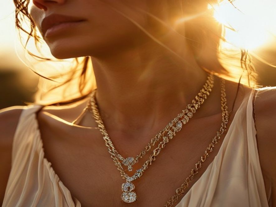 A woman styling and layering gold necklaces in soft natural lighting