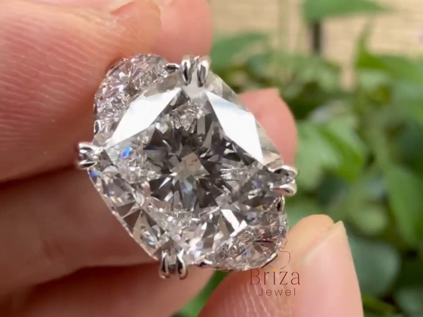 cushion cut lab grown diamond ring with trillion side stones