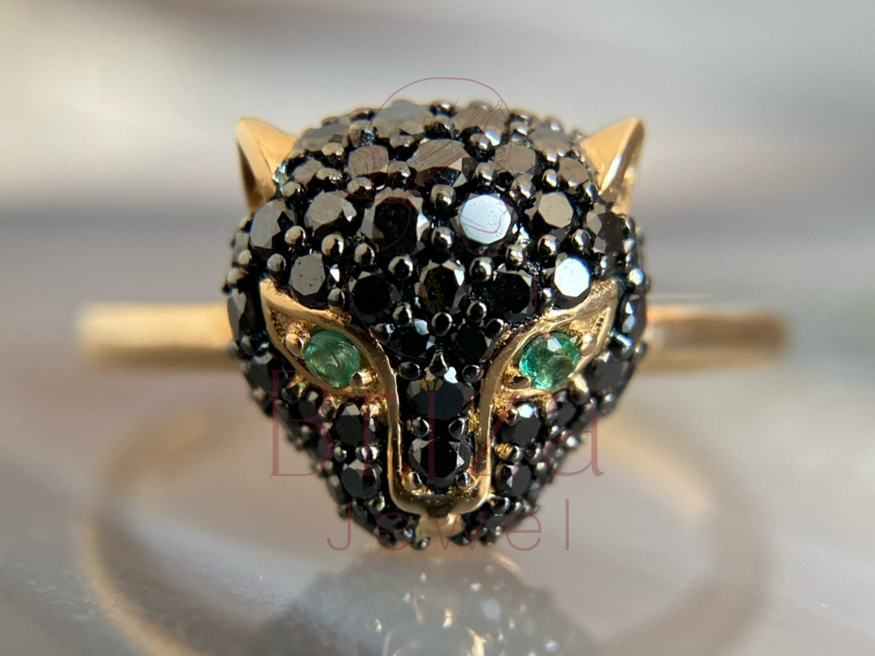 Black Diamond Ring with Panther Head Design in Gold
