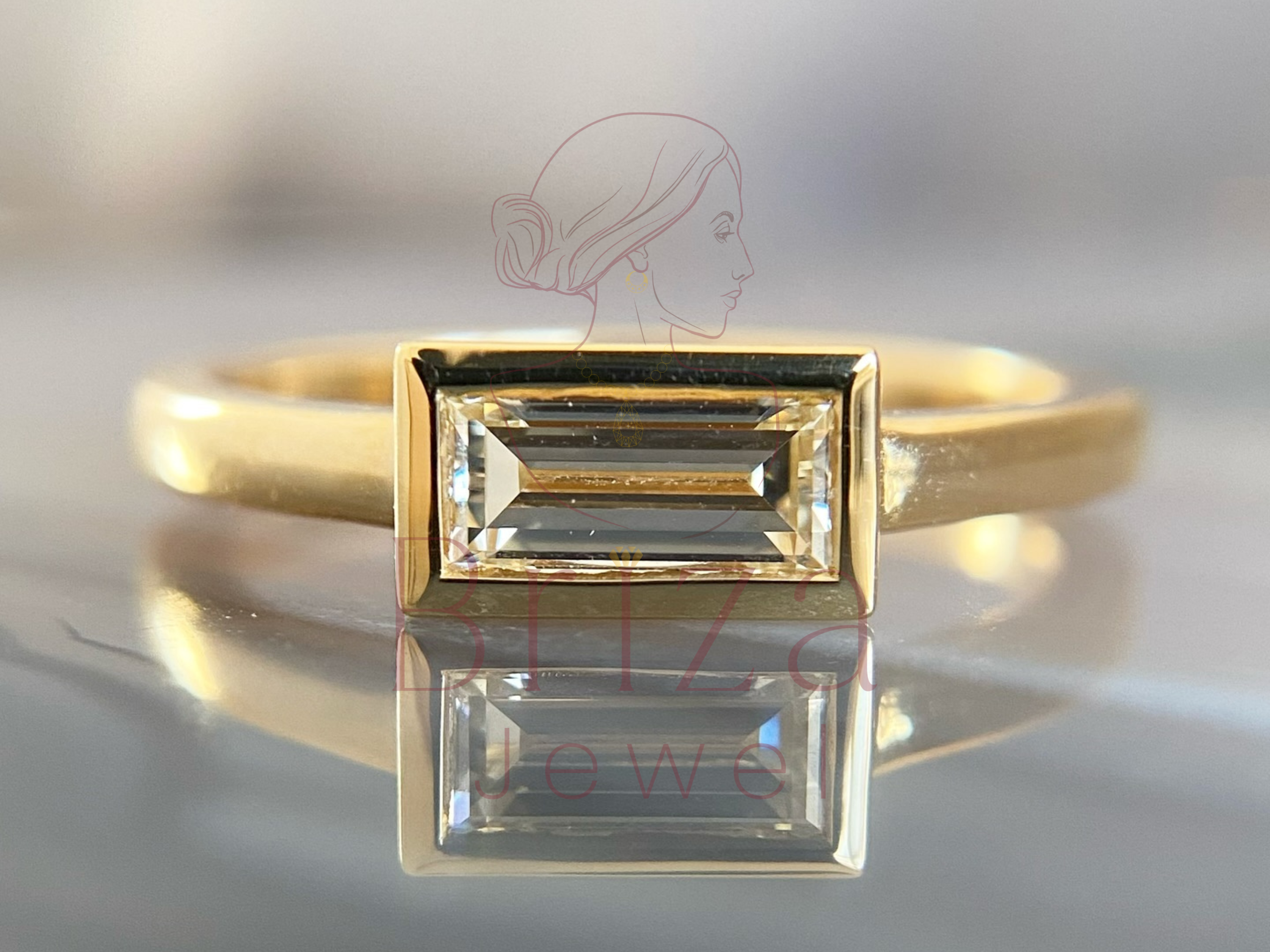 Bezel Set Engagement Ring with Baguette Lab Diamond in Gold