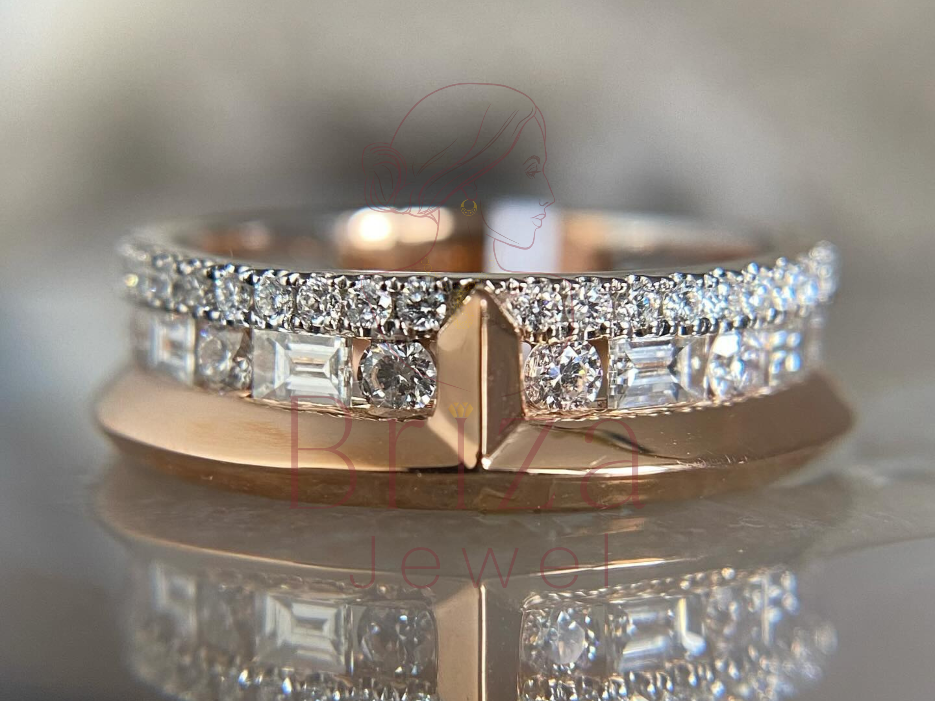 rose gold engagement ring with baguette moissanite wide band