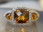 Citrine Ring Yellow Gold with Vintage Halo Tri Stone