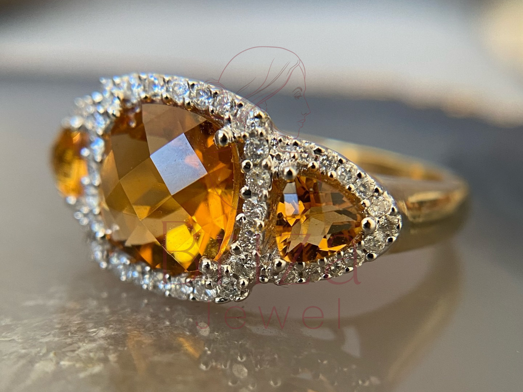 Citrine Ring Yellow Gold with Vintage Halo Tri Stone