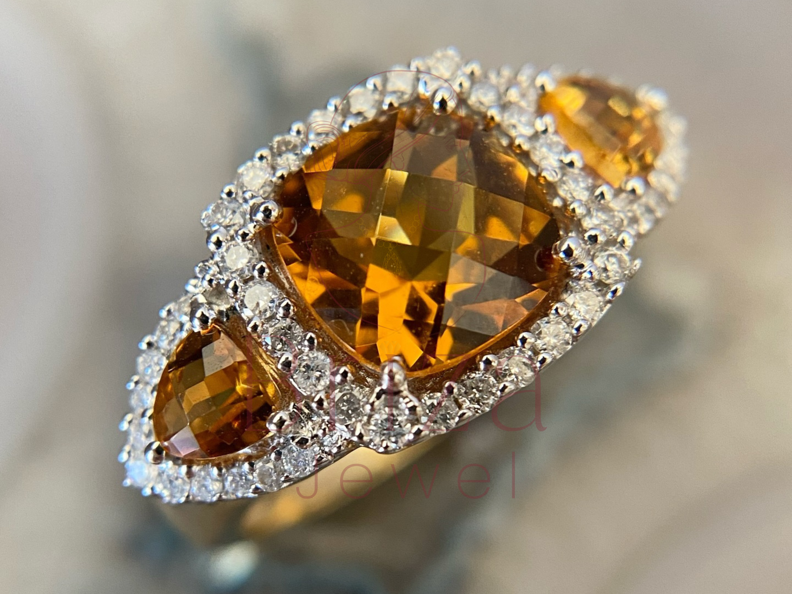 Citrine Ring Yellow Gold with Vintage Halo Tri Stone