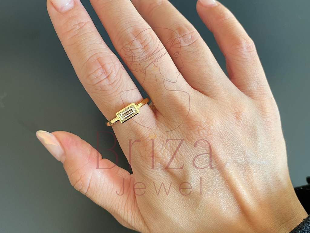 Bezel Set Engagement Ring | Baguette Lab Diamond Gold