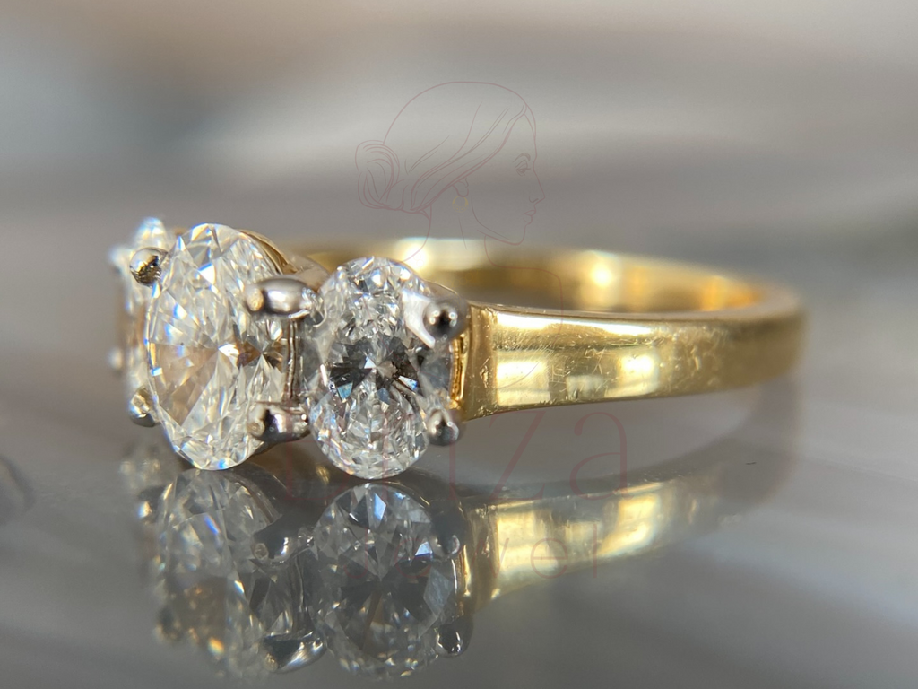 Three Stone Oval Engagement Ring with Classic Gold Style
