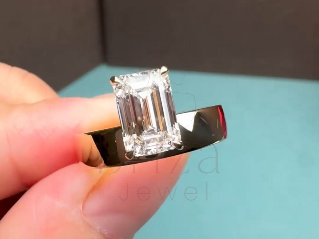 lab grown emerald cut diamond ring in art deco gold design