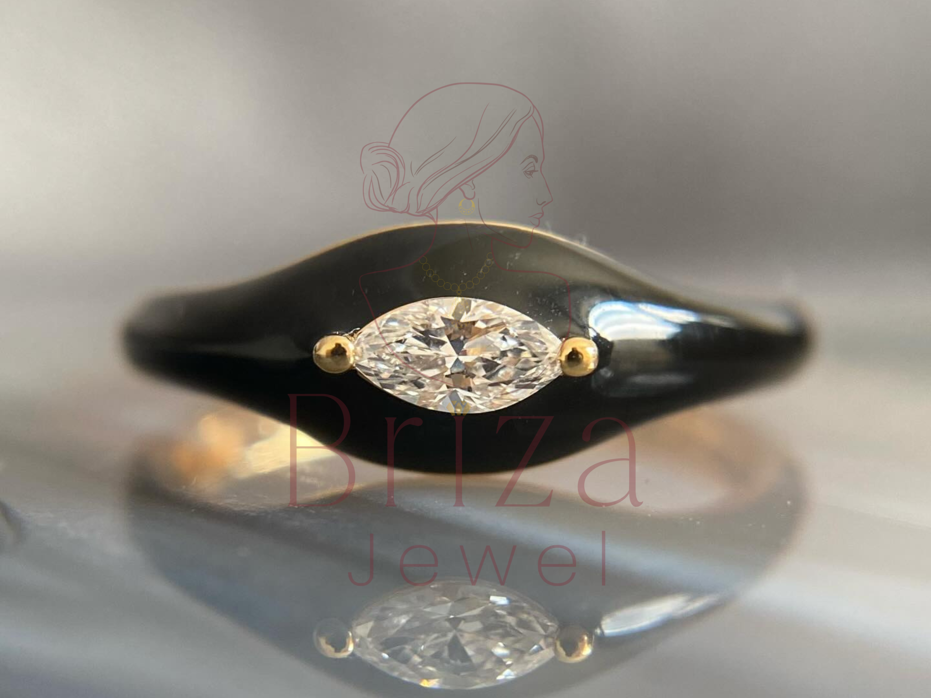 Black Marquise Ring with Enamel Moissanite in Dainty Gold Design