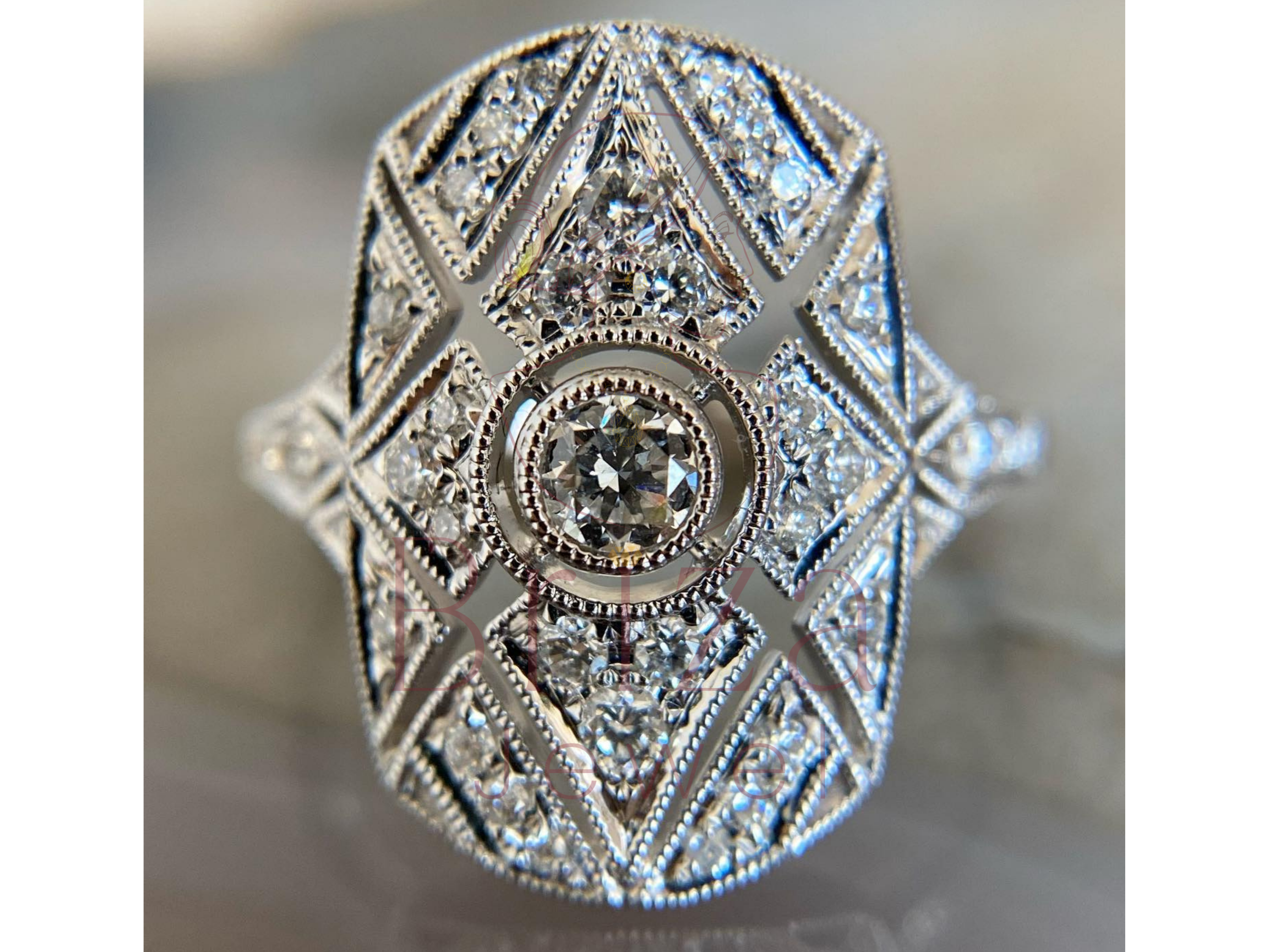 Art Deco Shield Ring with Vintage Milgrain Filigree Diamond Design