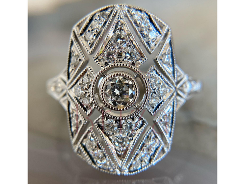 Art Deco Shield Ring with Vintage Milgrain Filigree Diamond Design