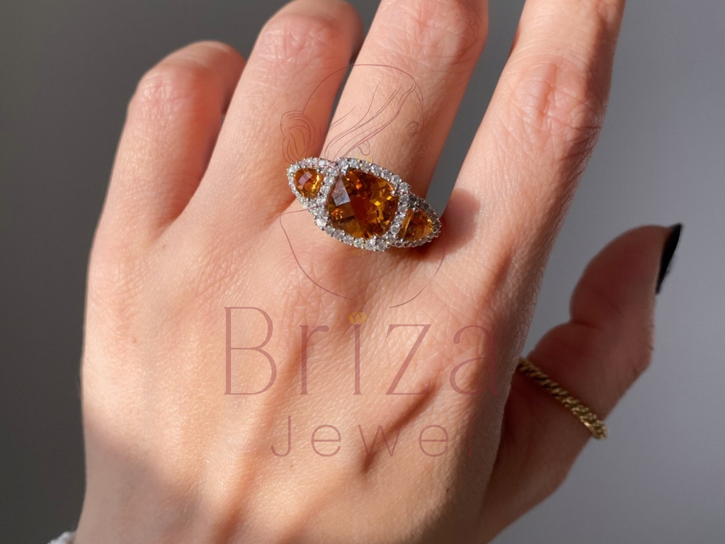 Citrine Ring Yellow Gold with Vintage Halo Tri Stone