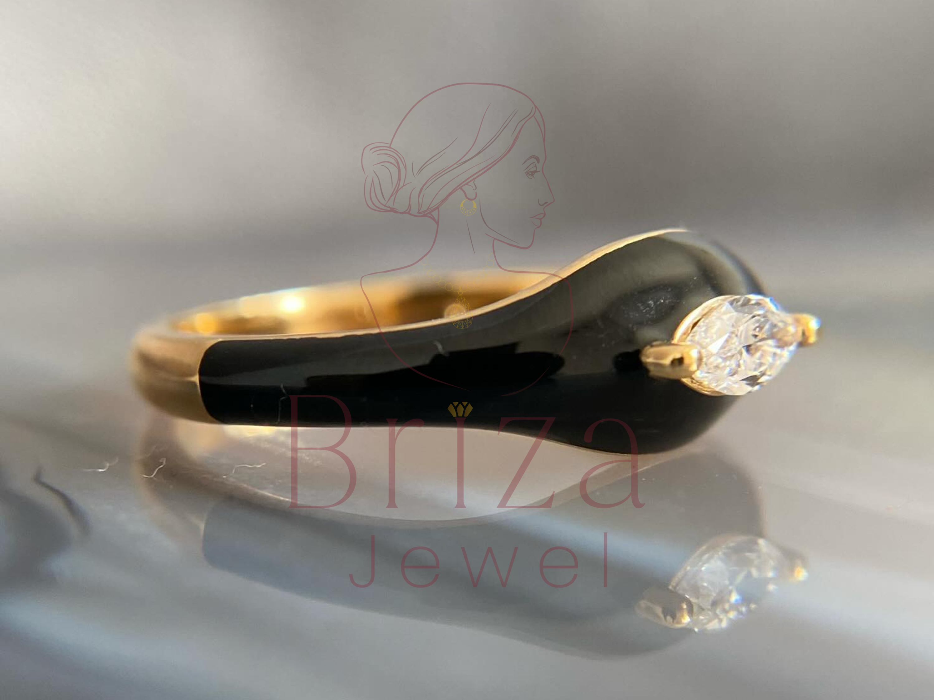 Minimal Gold Ring Featuring Dark Enamel and Fine Stone Detail