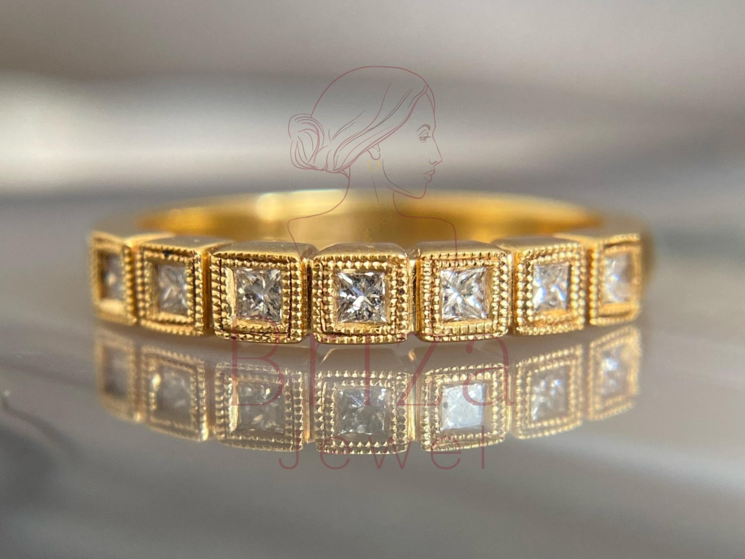 princess cut wedding ring with dainty gold moissanite band