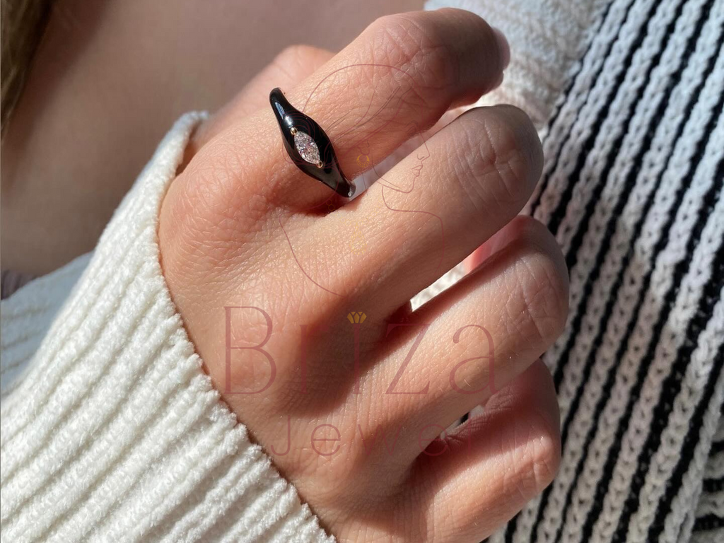 Black Marquise Ring | Enamel Moissanite Dainty Gold Ring