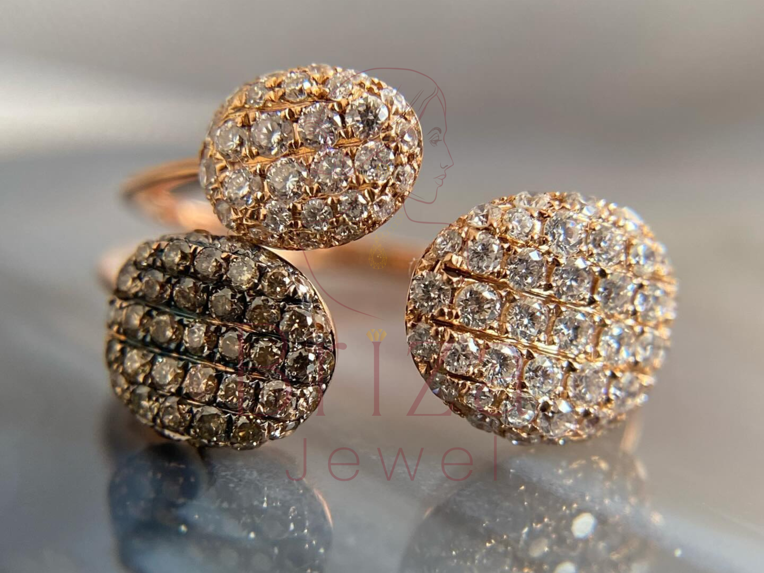 champagne diamond ring in rose gold with triple disc design