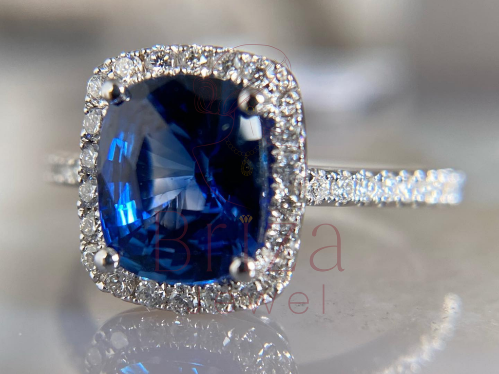 Blue Sapphire Engagement Ring with Cushion Cut Halo