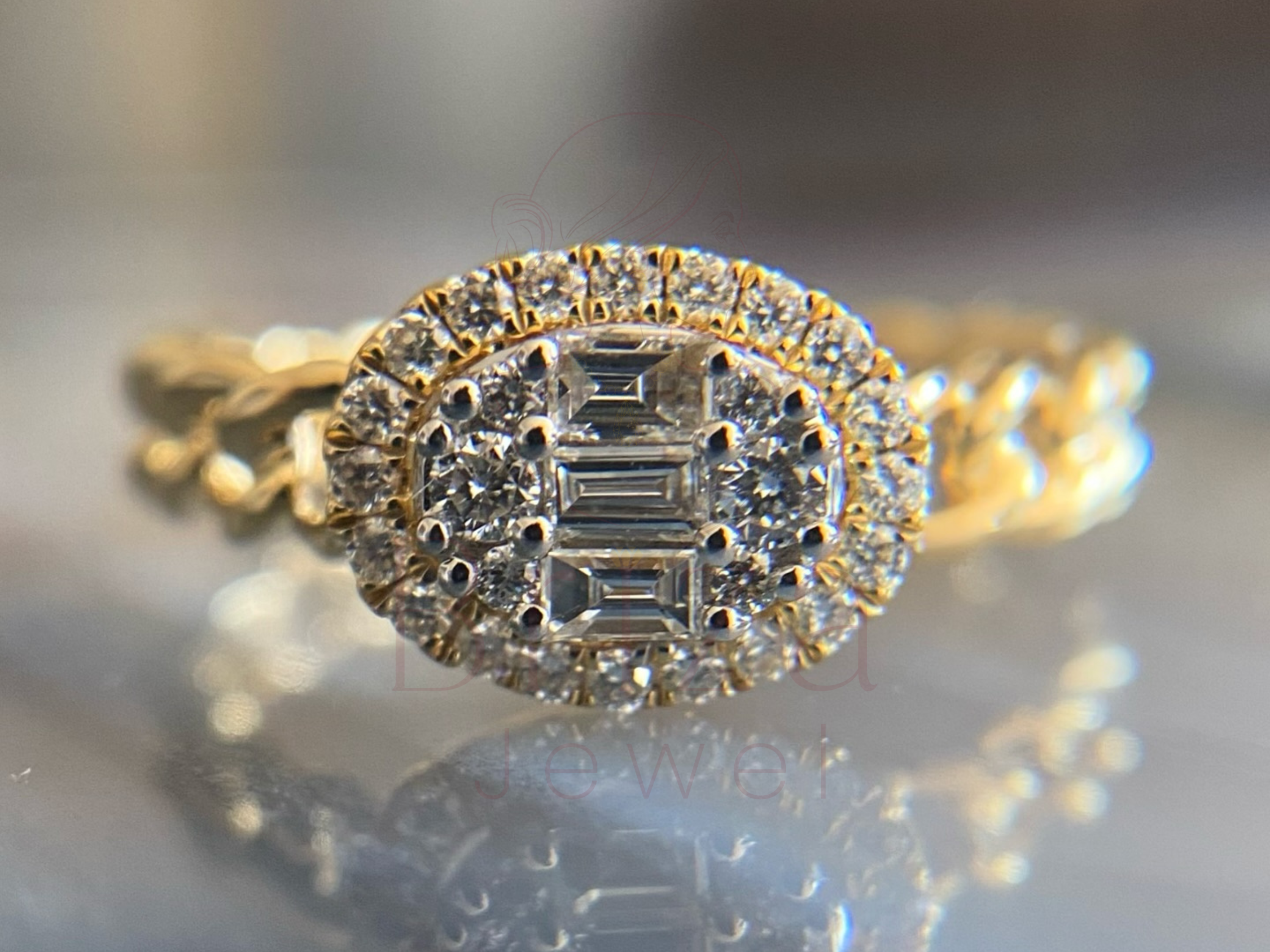 Baguette Engagement Ring with Oval Diamond Halo in Gold