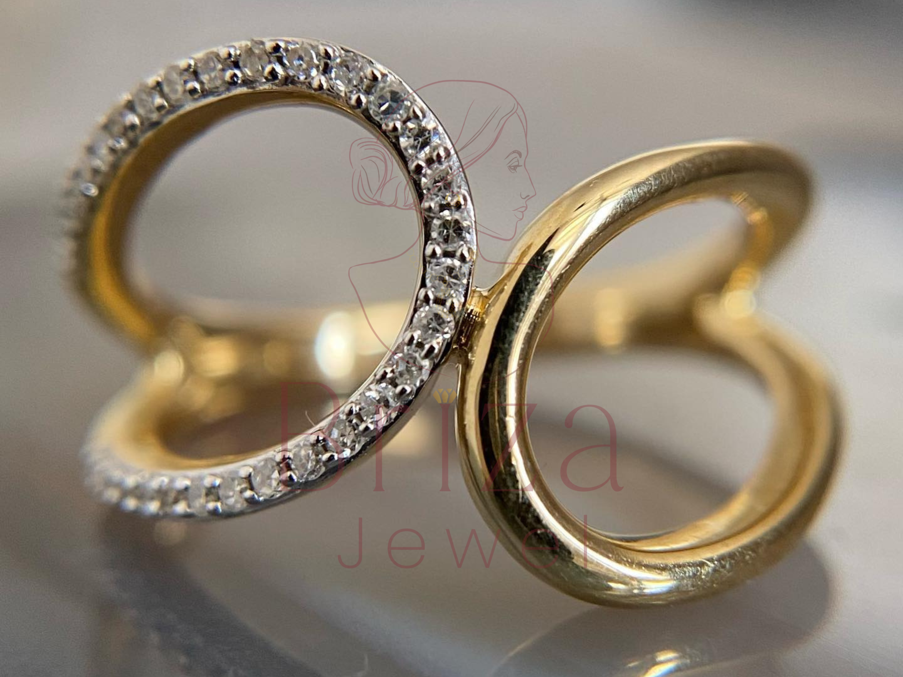 elevated faith ring with open gold double band and pavé diamonds