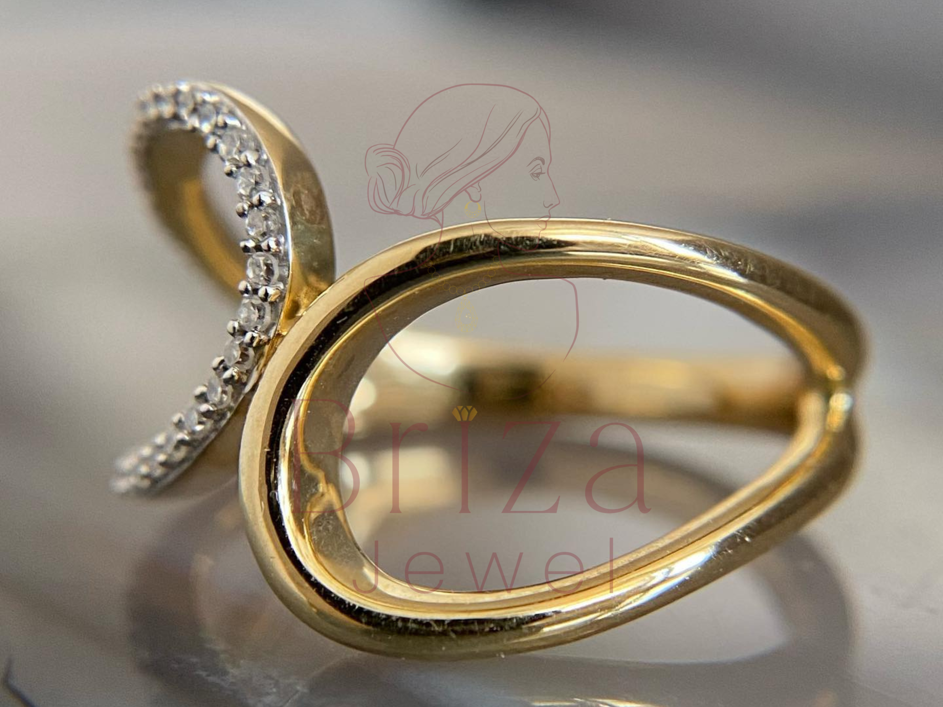 open gold double band ring with pavé diamond accents