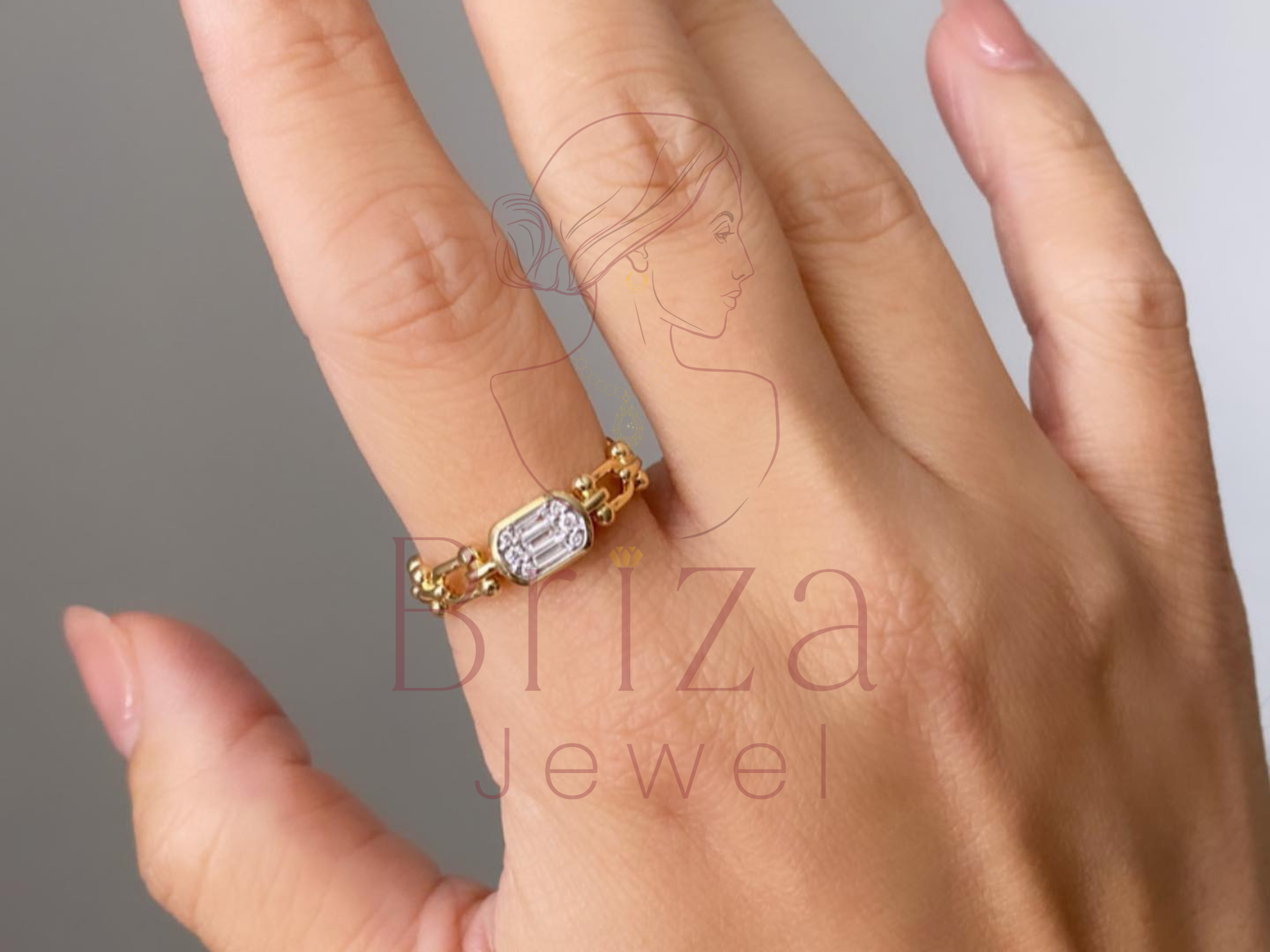 Gold Baguette Diamond Ring | 14K Chain Geometric Band