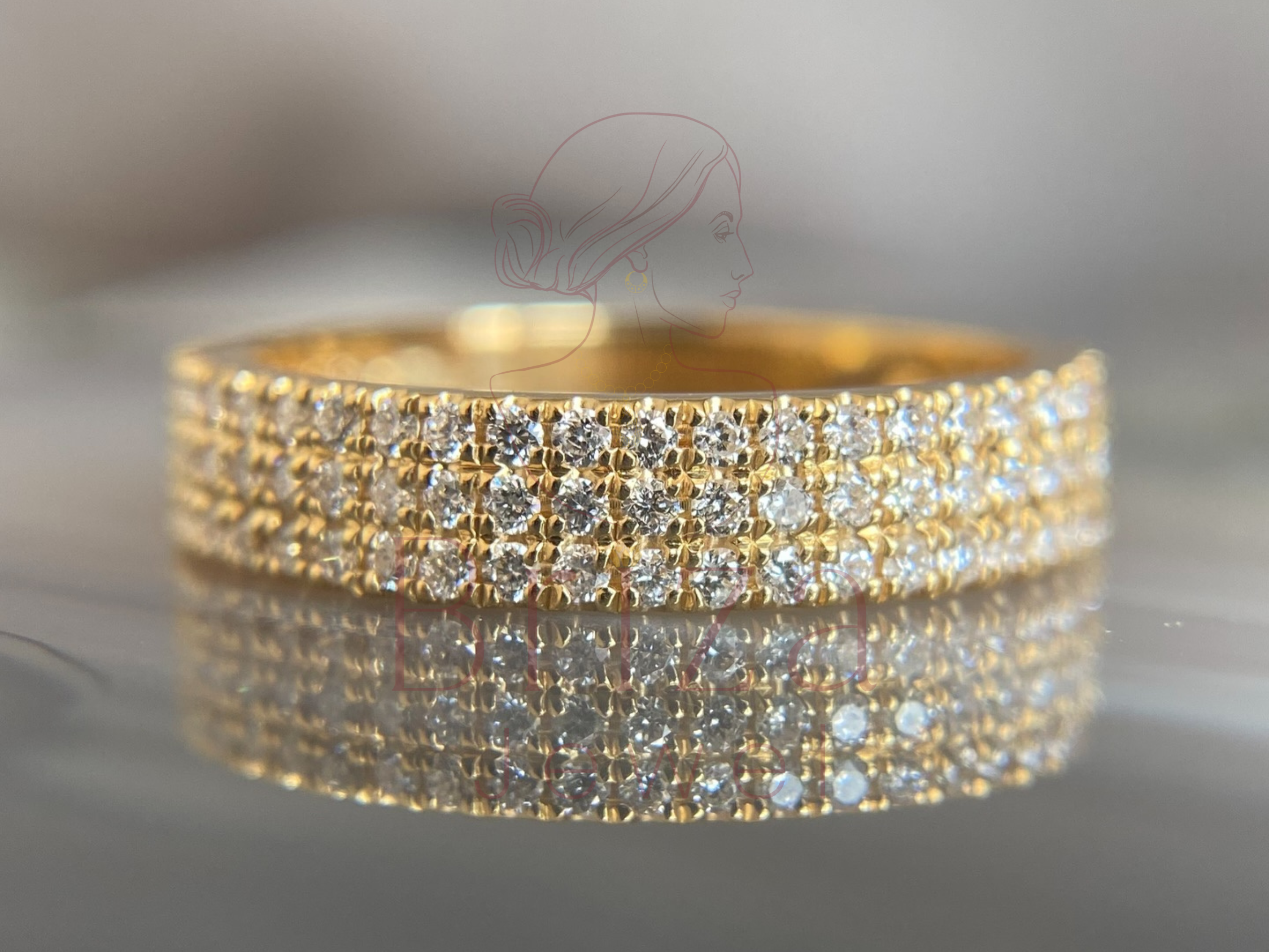 gold eternity band with three row diamond ring design