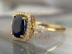 Blue Sapphire Wedding Band with Gold Halo Diamond Ring