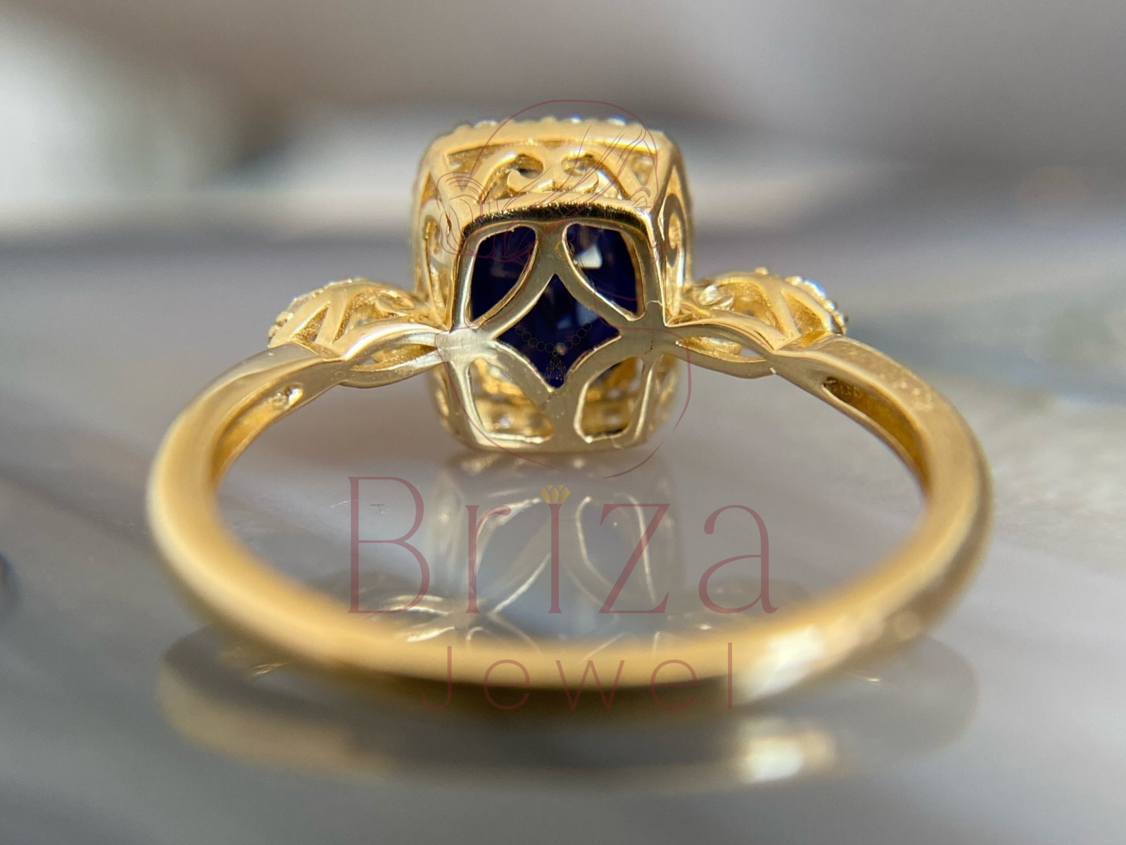 Blue Sapphire Wedding Band with Gold Halo Diamond Ring