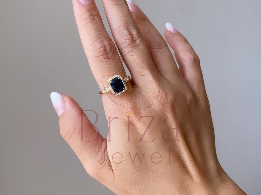 Blue Sapphire Wedding Band with Gold Halo Diamond Ring