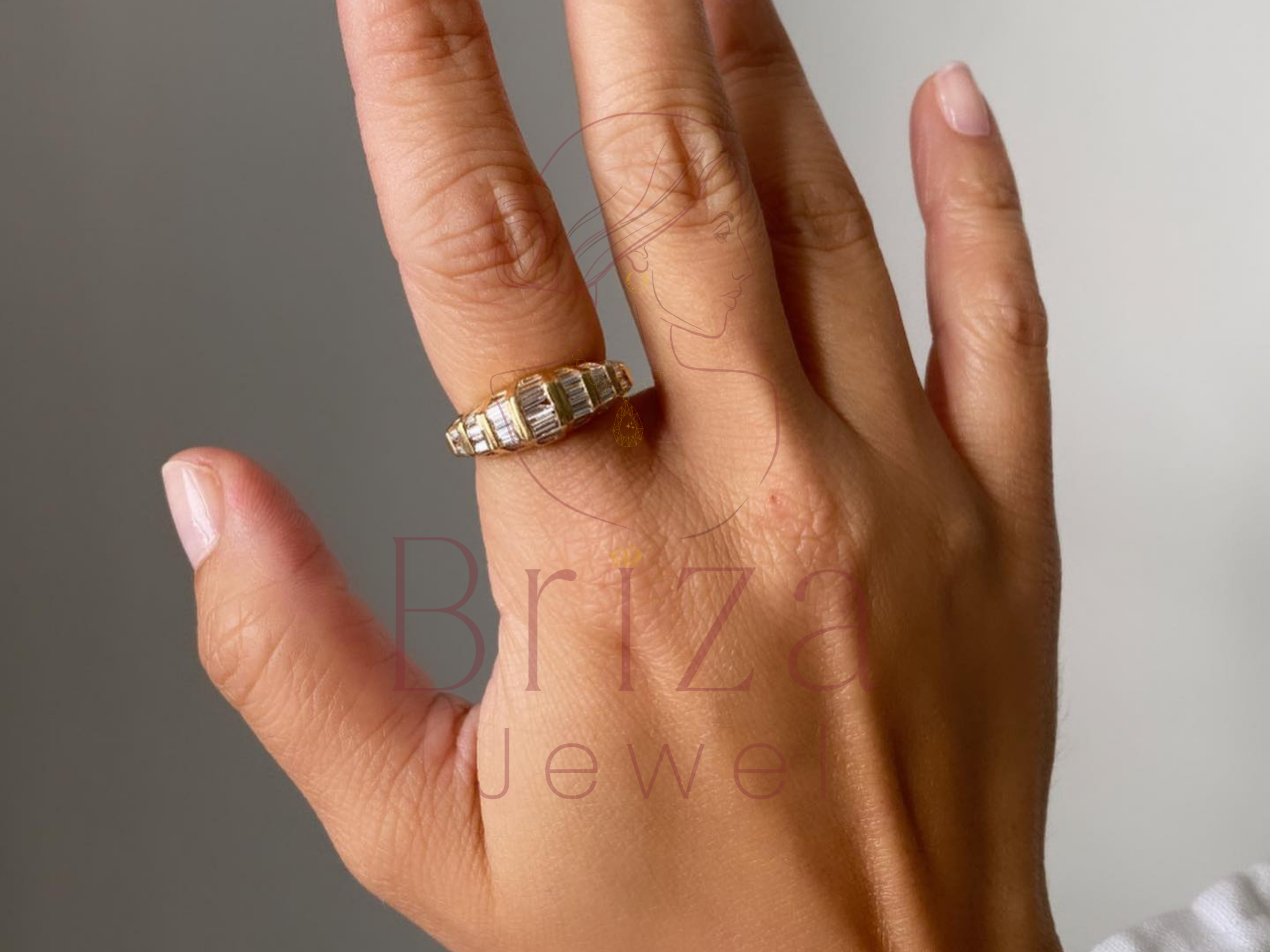 Baguette Diamond Wedding Band with Art Deco Lab Diamonds Ring