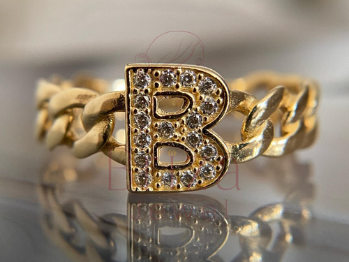 B Initial Ring with Custom Gold Chain Diamond Design