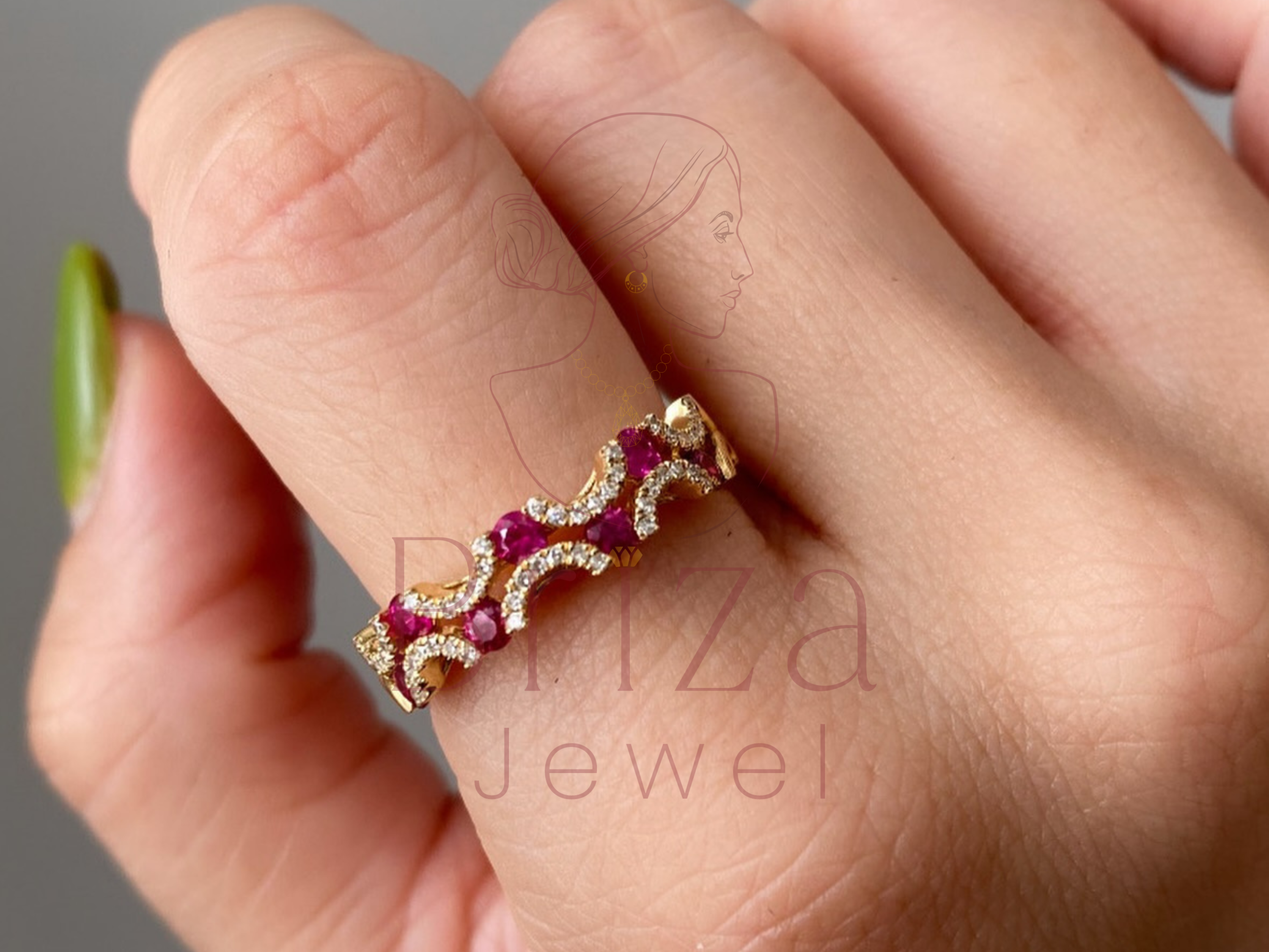 vintage ruby engagement ring close-up showing ruby and diamond detail