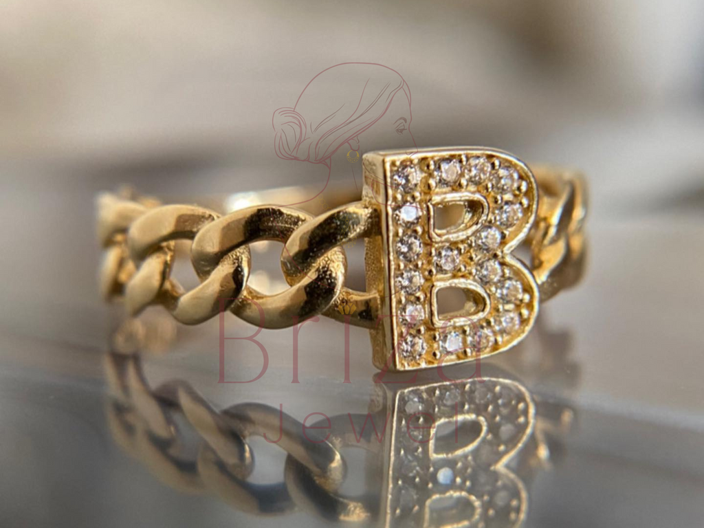 Minimal Gold Chain Ring with Custom Letter Accent
