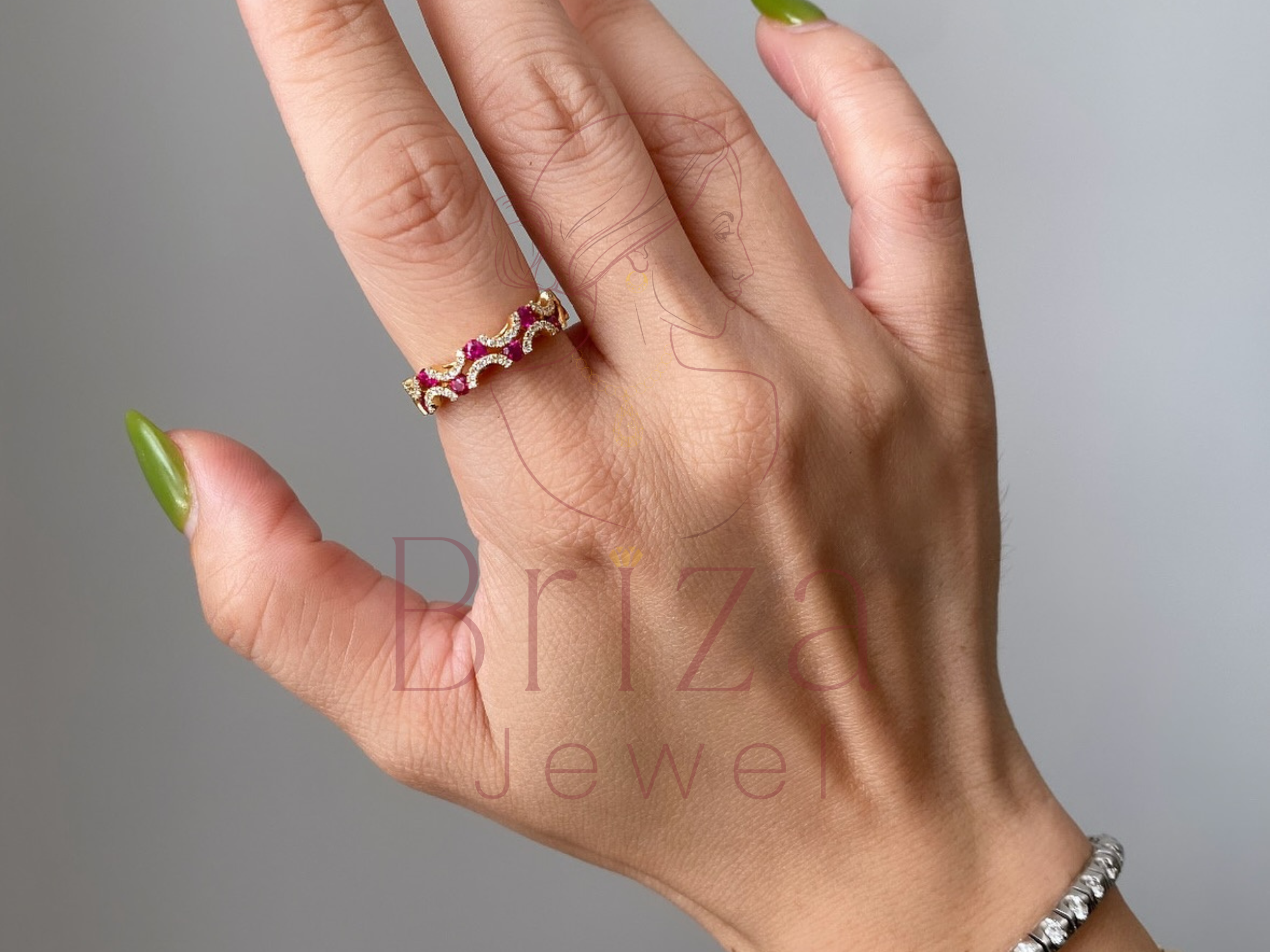 Vintage Ruby Engagement Ring with 14K Gold Diamond Band