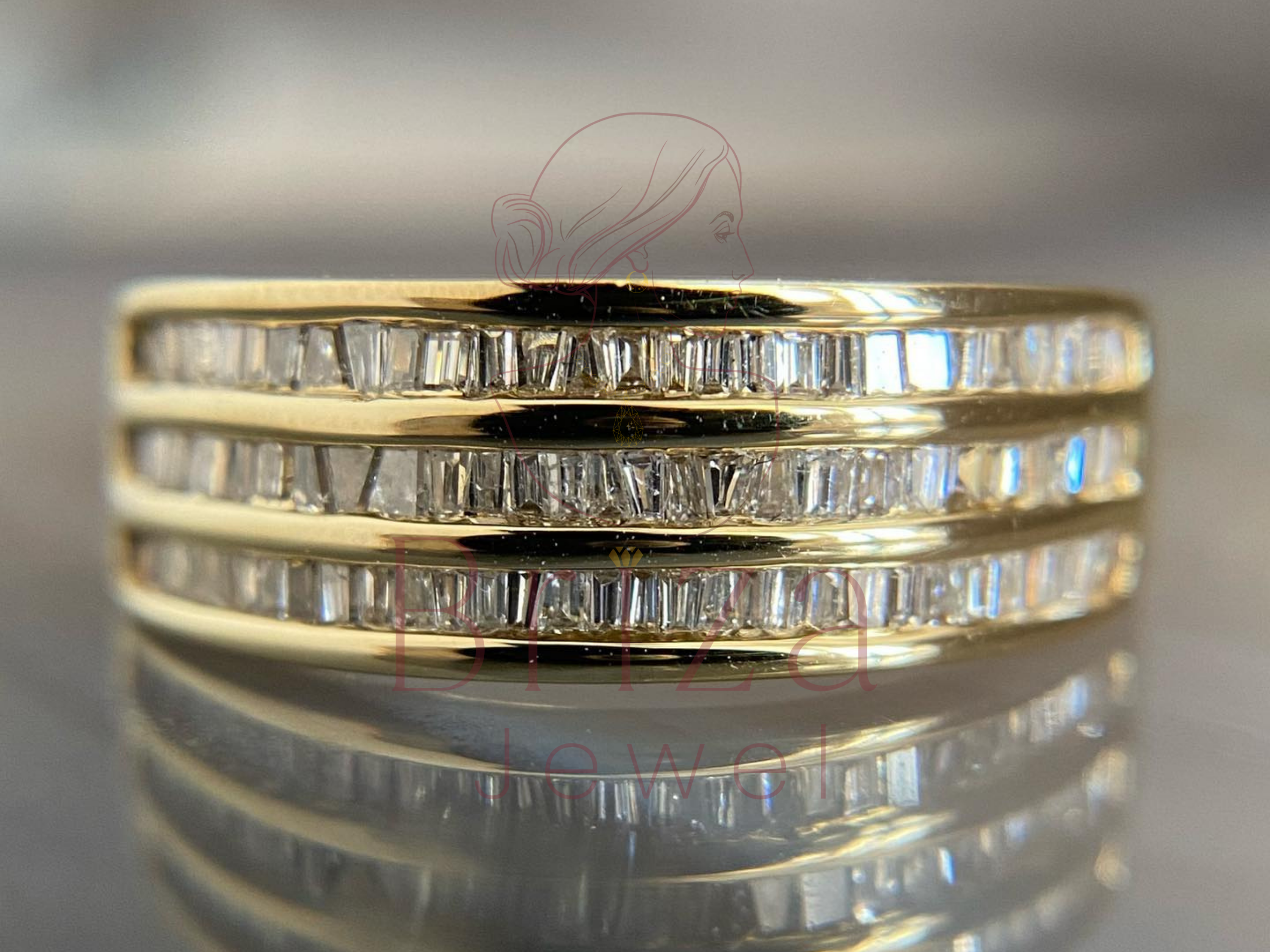 Baguette Engagement Ring in 14K Gold with Elegant Triple-Row Diamond Design