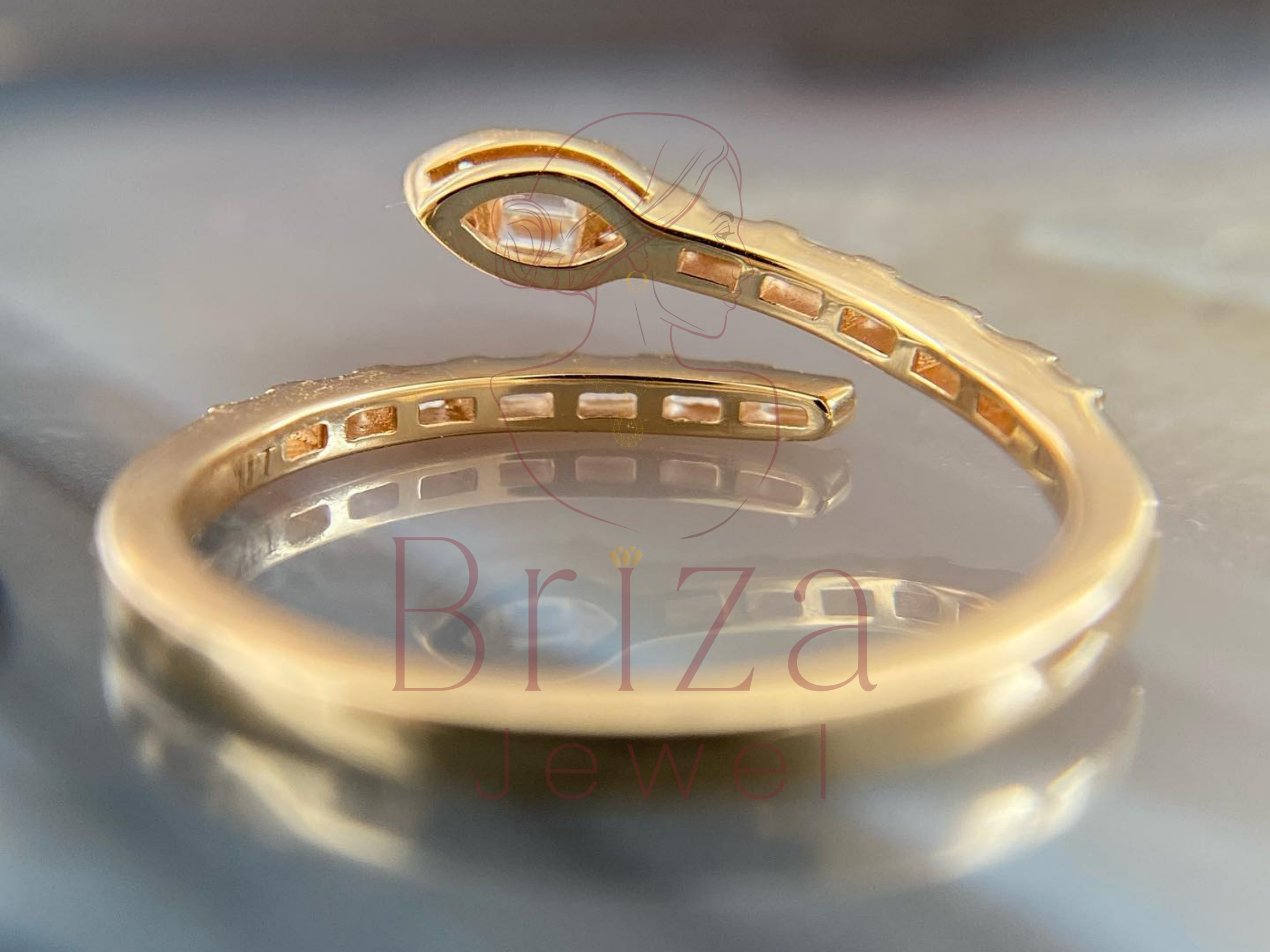 Gold bracelet with intricate design on a reflective surface, branded 'Briza'.