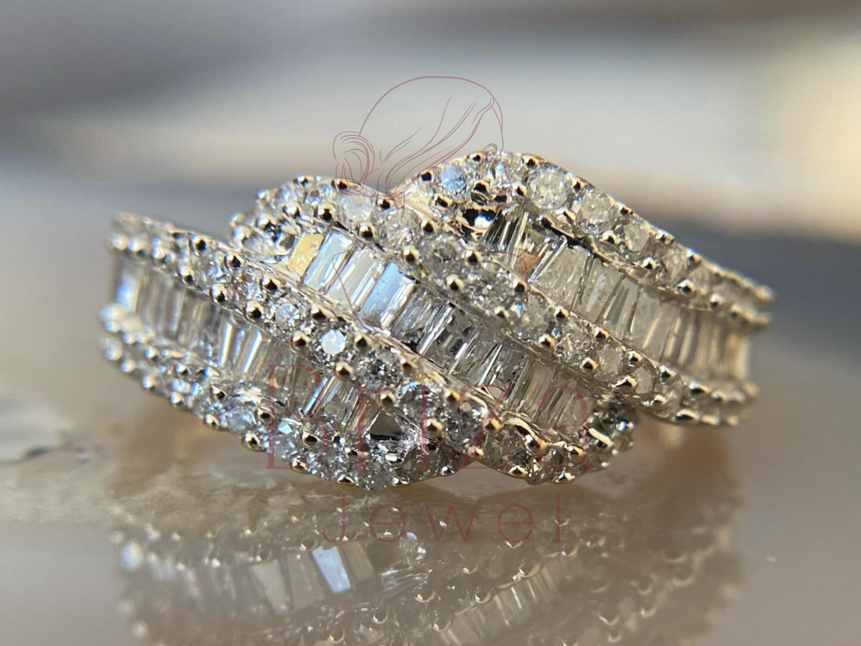 cross diamond ring with moissanite baguette wave band