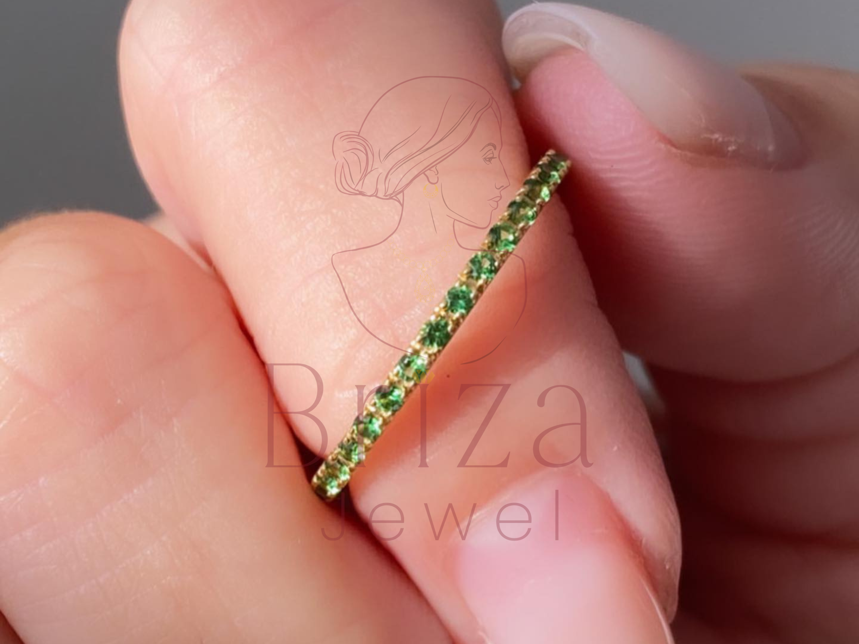 Green Moissanite Engagement Ring with Dainty Gold Band