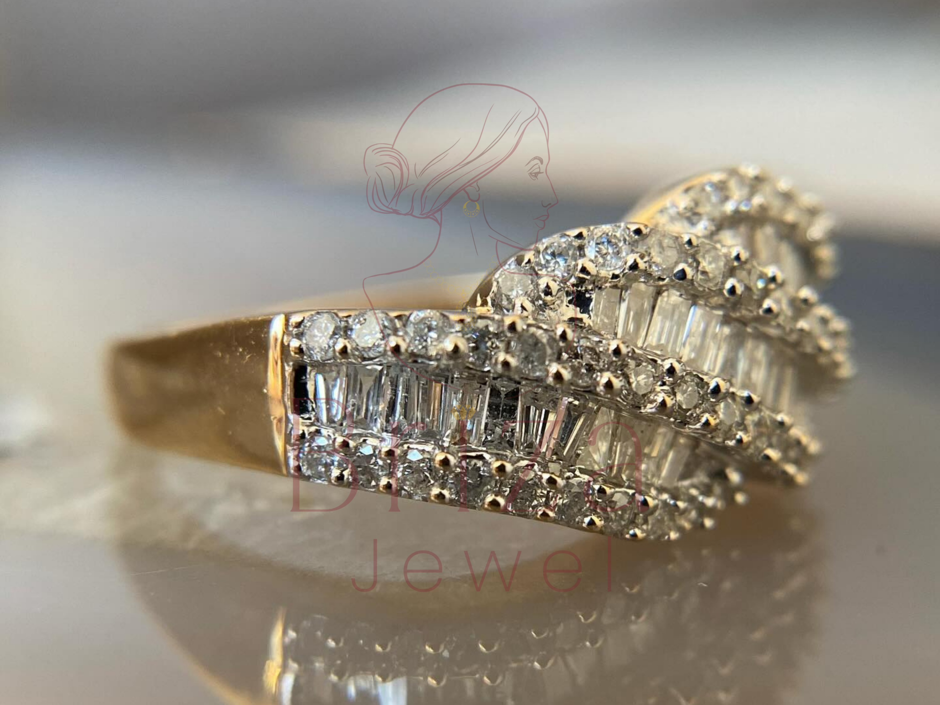 side view of wave band ring with baguette stones