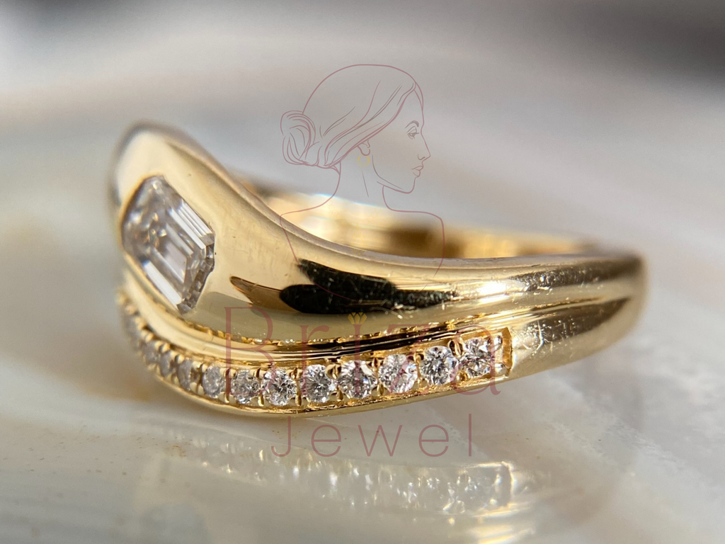 Yellow Gold Emerald Cut Engagement Ring with Pave Accent Band