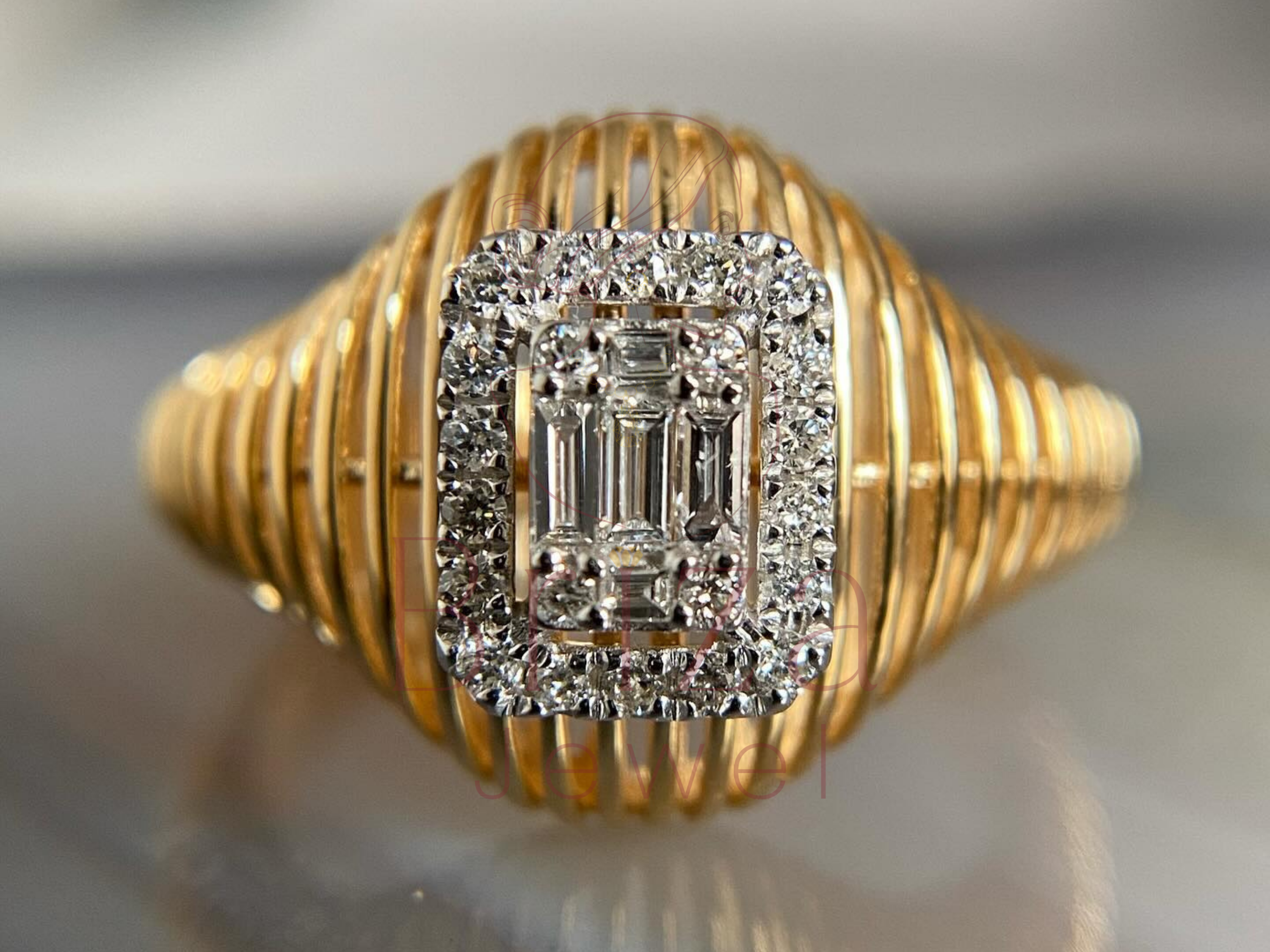 elegant engagement ring with moissanite baguette halo design