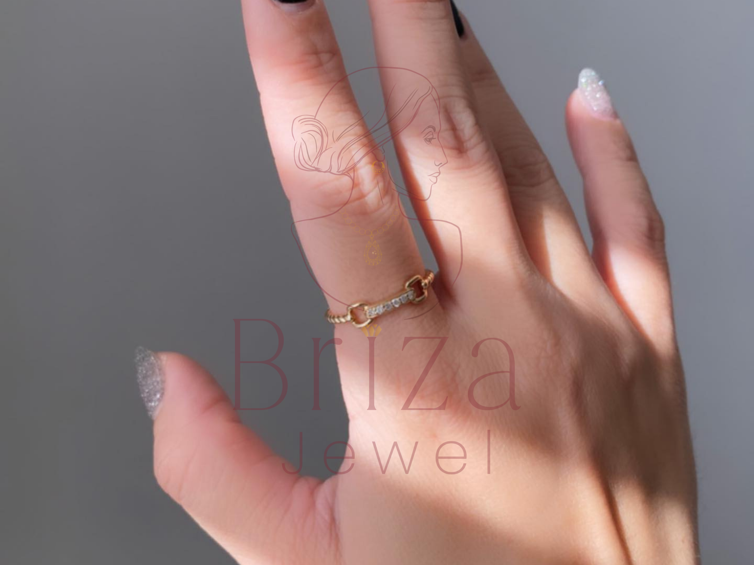 Bold Statement Ring with Dainty Gold Chain Diamond Ring