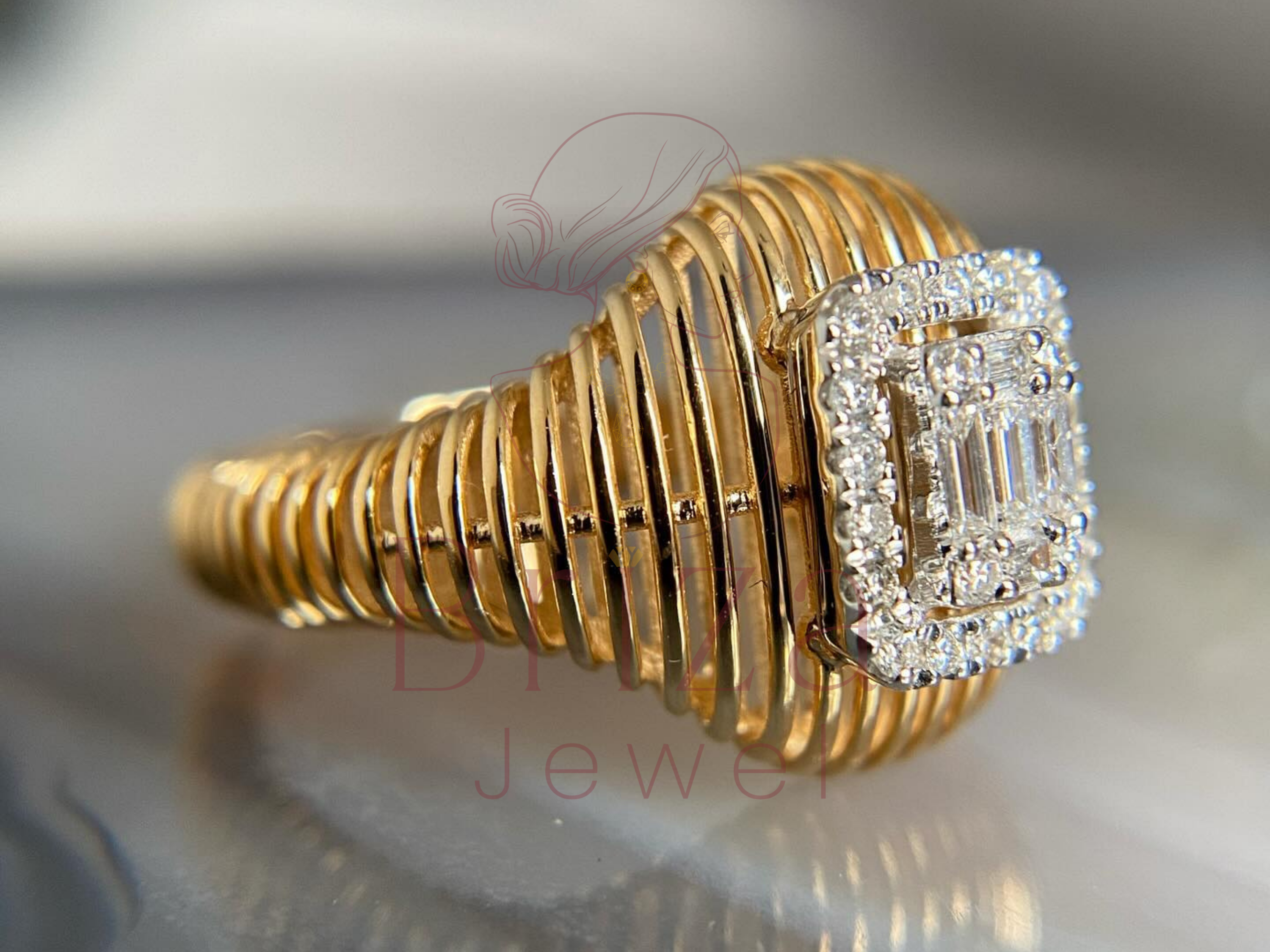 gold engagement ring worn on hand lifestyle view