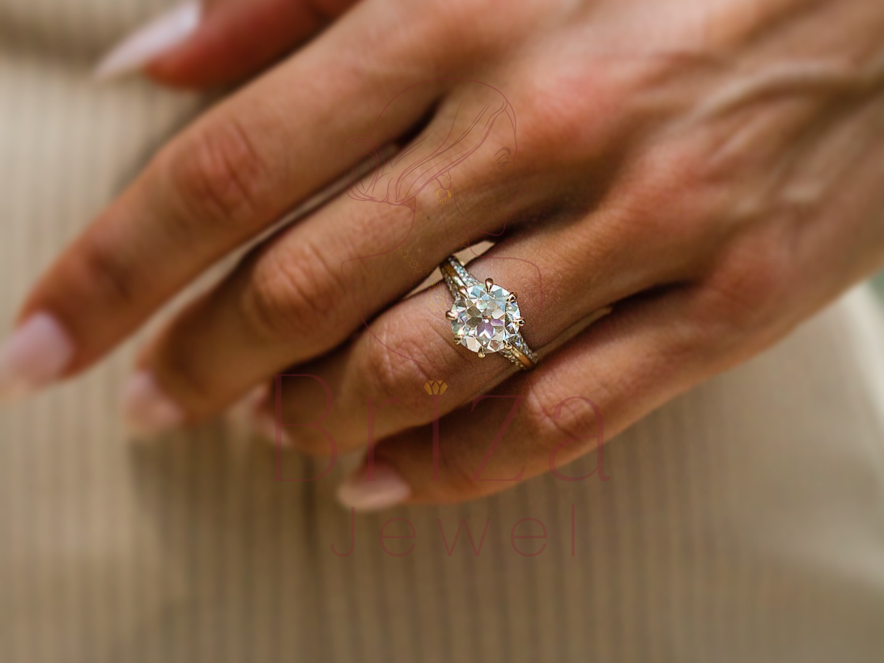 round cut diamond wedding ring with vintage solitaire and side stones