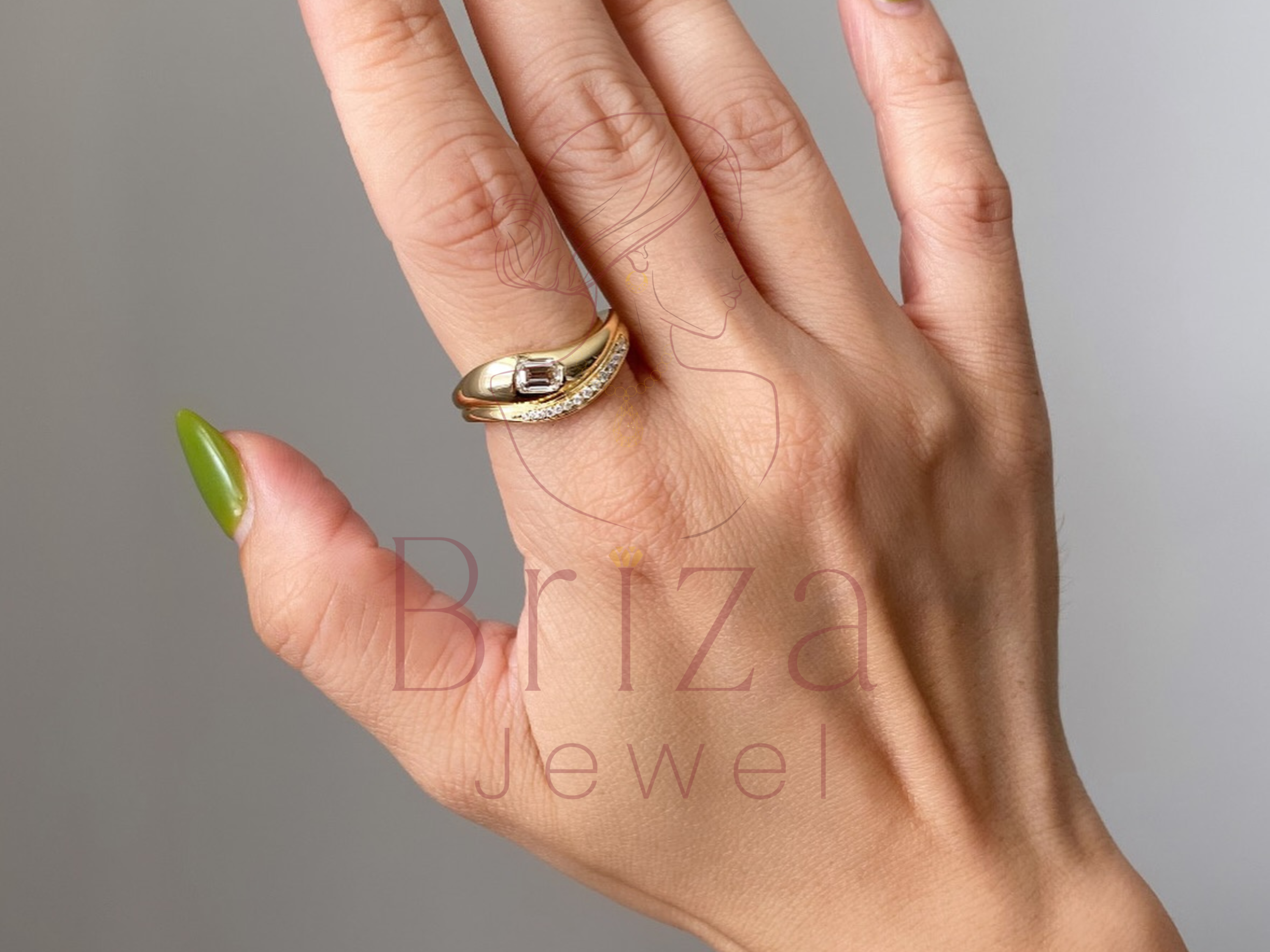 Yellow Gold Emerald Cut Engagement Ring with Pave Accent Band