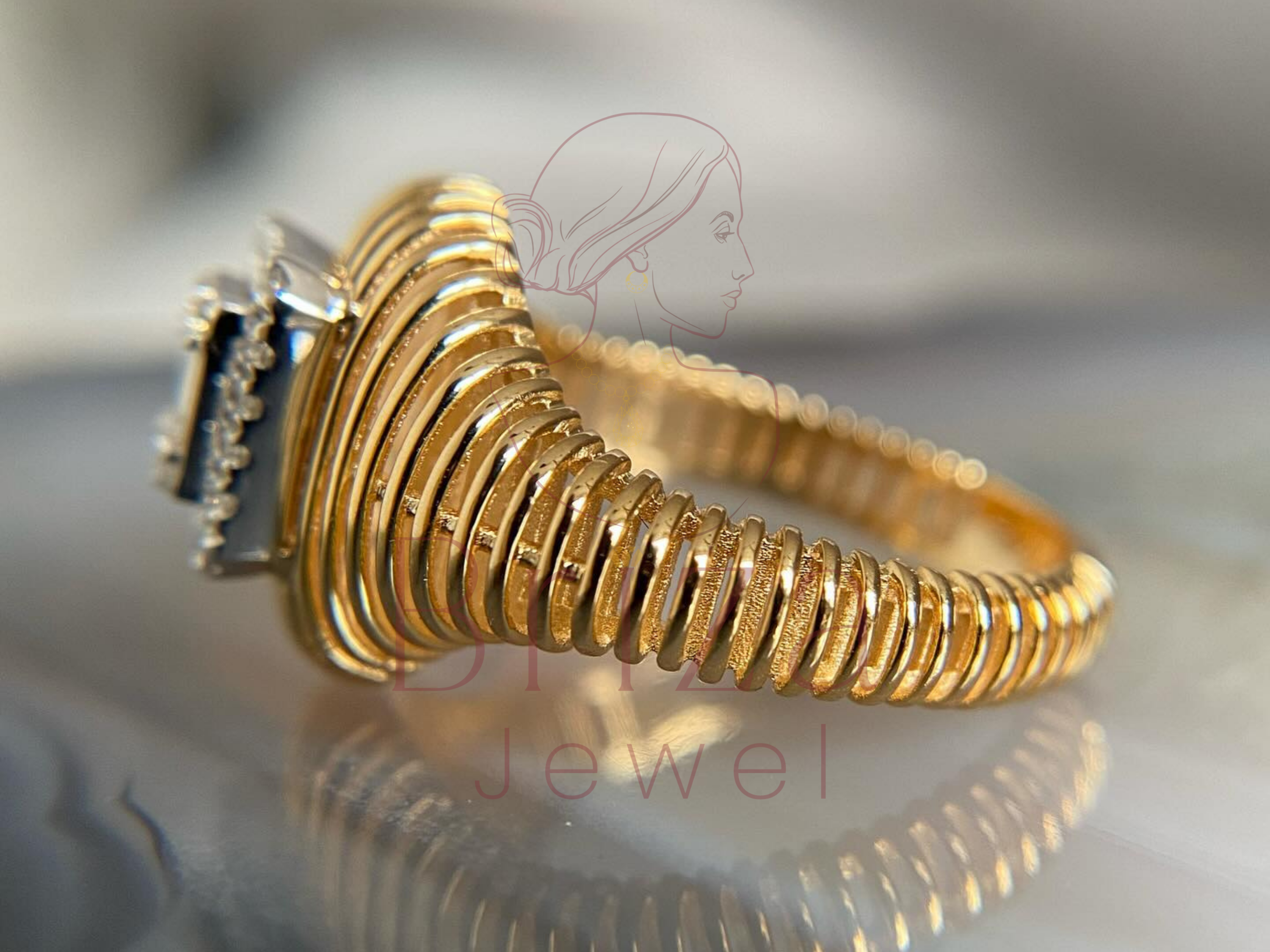 side view of halo ring with baguette moissanite accents