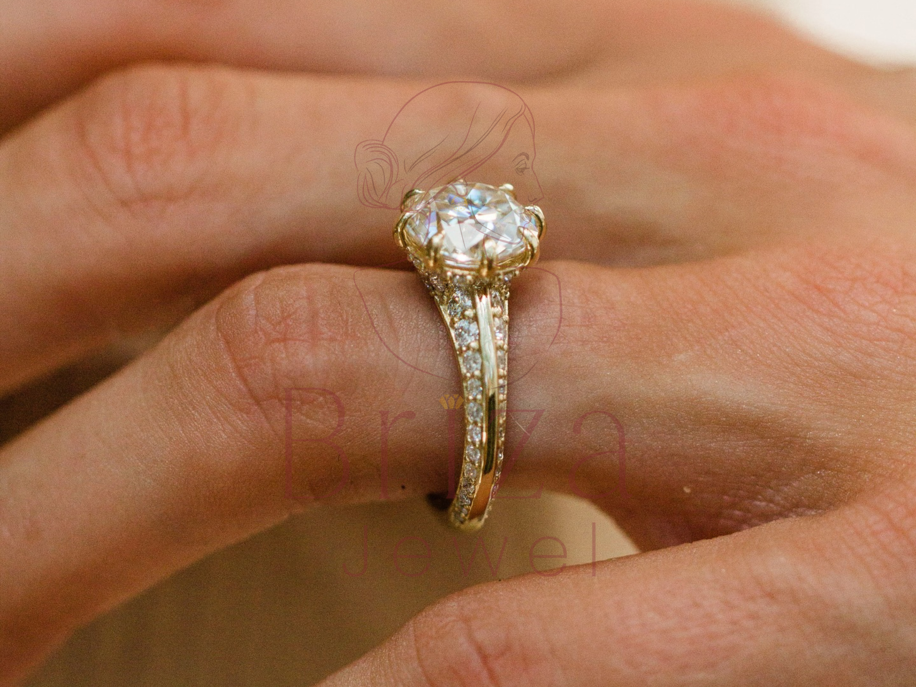 round cut diamond wedding ring close-up showing side stone detail
