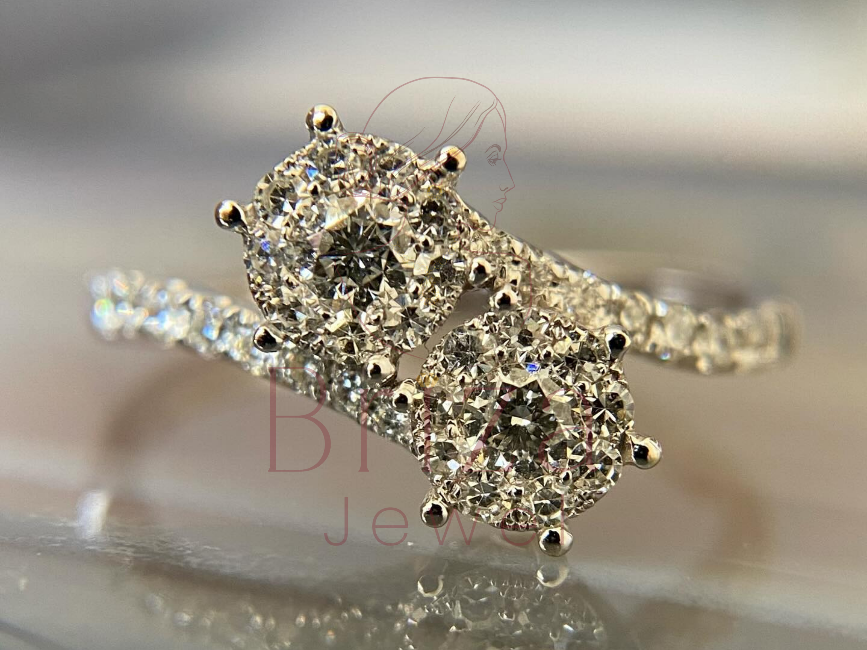 double halo engagement ring with moissanite toi et moi design