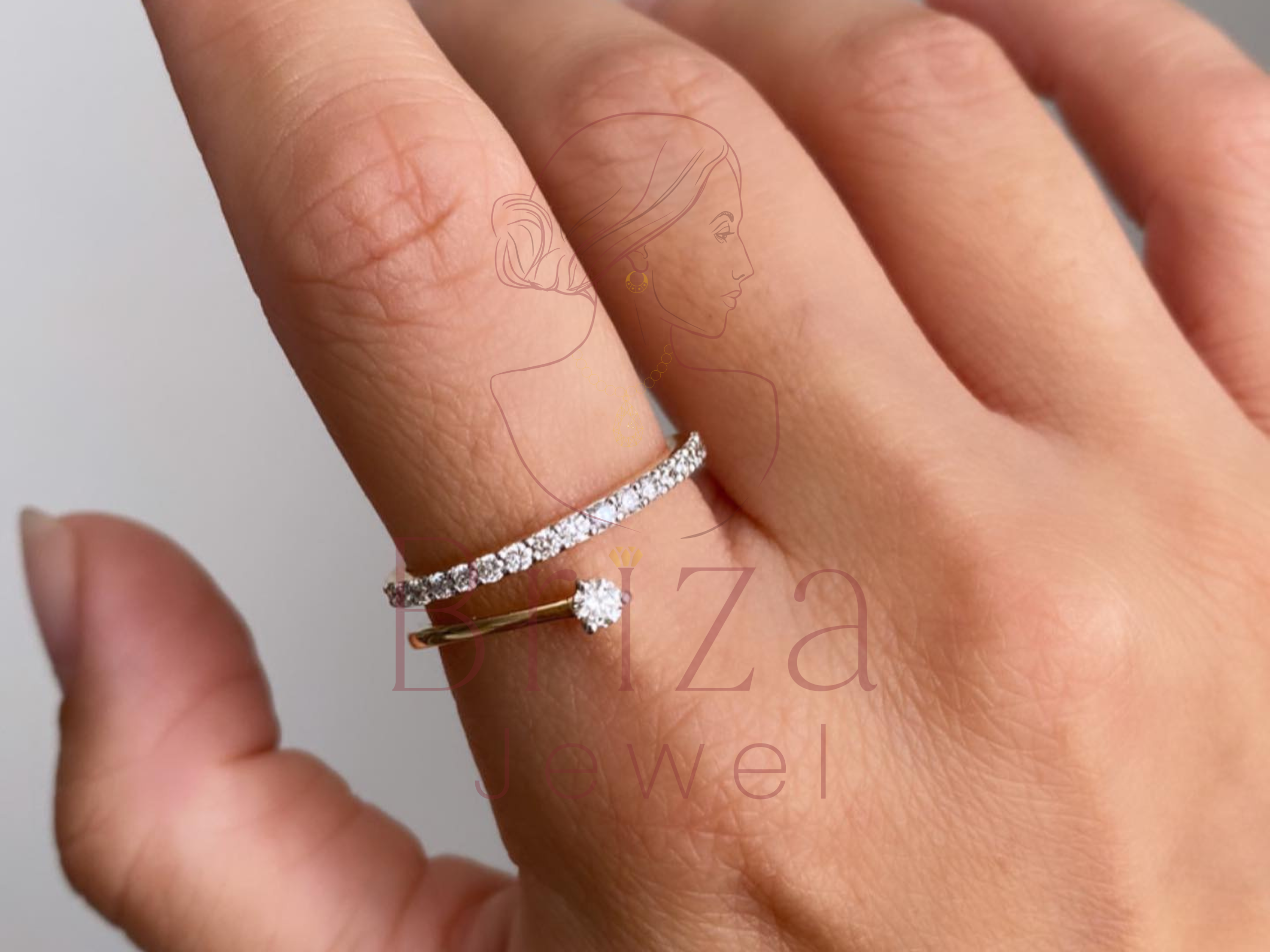 Unique Promise Ring | Gold Bypass Solitaire Engagement Ring Set